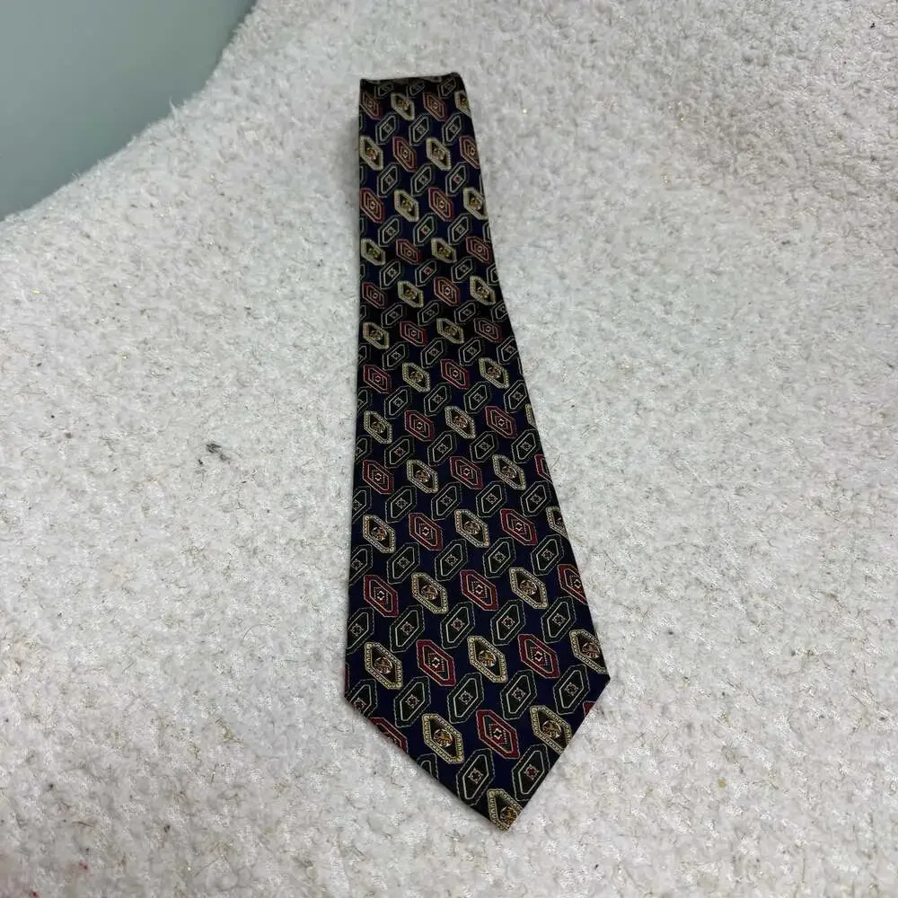 Tommy Hilfiger Men's Blue Gold Green Geometric Pattern Silk Necktie Classic Leng